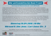 Di. 19.4.2016, 19:00 Uhr, JENA. 
Jutta Ditfurth: "Die antisemitische Querfront", Vortrag & Diskussion. 
Ort: Hörsaal 6, Uni Jena, Carl-Zeiss-Str. 3.