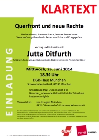 Plakat: Mi. 25.6.2014, 18:30 Uhr, MÜNCHEN, Jutta Ditfurth: »QUERFRONT UND NEUE RECHTE – Nationalismus, Antisemitismus, braune Esoterik und Verschwörungstheorien in Zeiten von Krise und Kriegsgefahr«, Vortrag und Diskussion