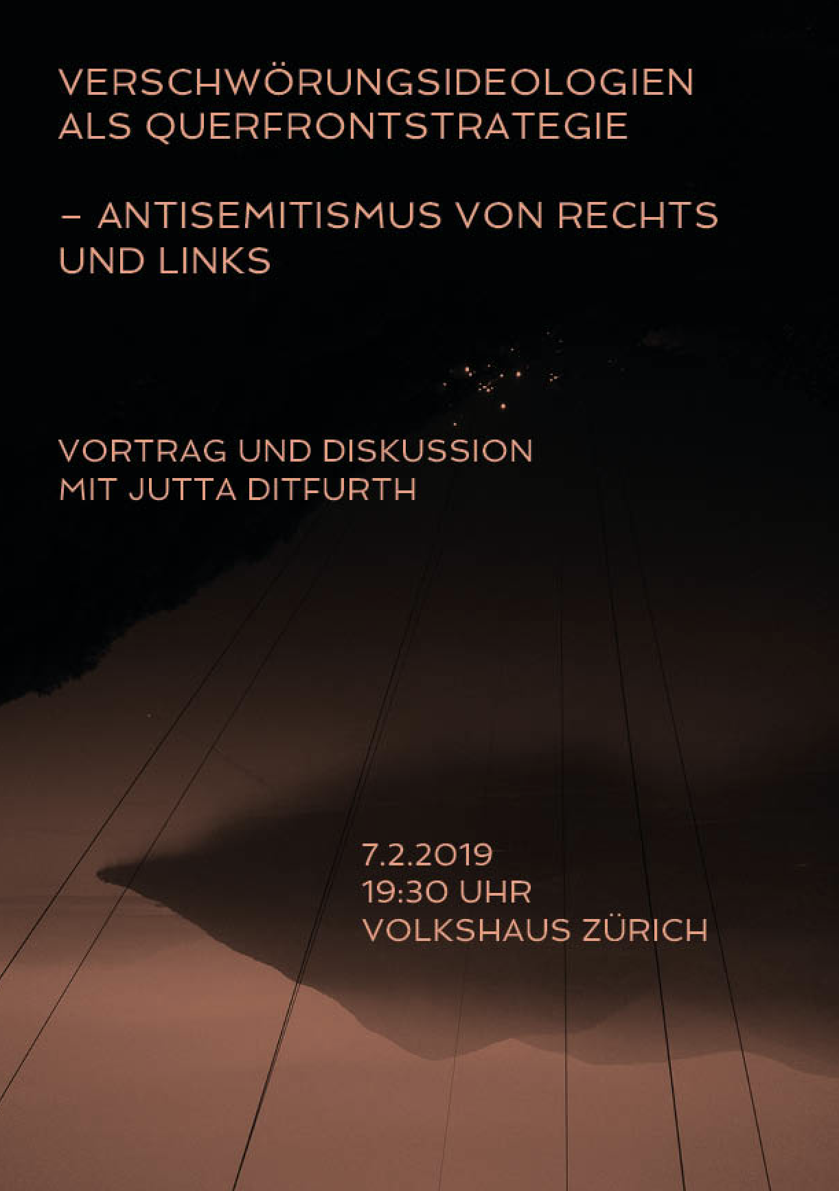 Flyer Jutta Ditfurth: »Verschwörungsideologien als Querfrontstrategie – Antisemitismus von rechts und links«, Vorderseite